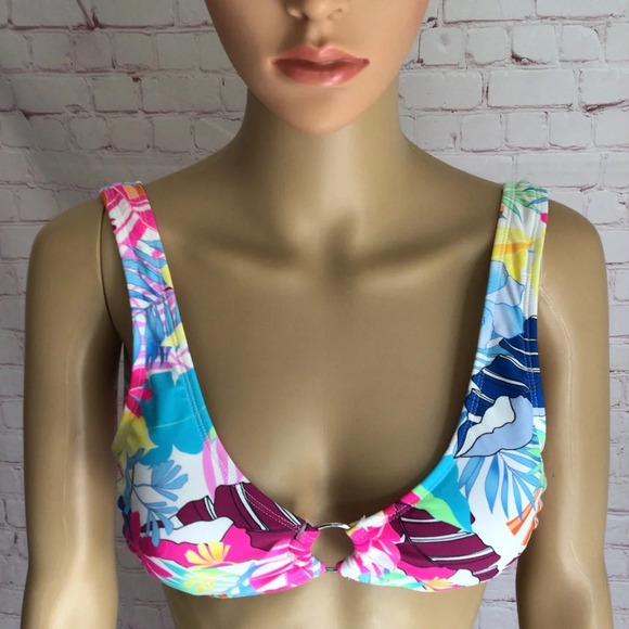 California Waves White Colorful Tropical Print Bralette Bikini Top -Size Medium - Picture 1 of 7
